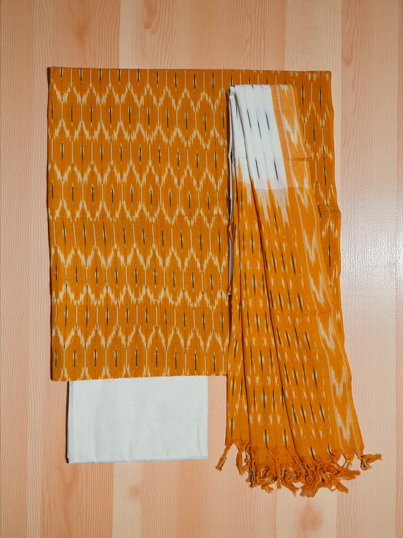 Mustard Pochampally Ikkat Cotton Unstitched Salwar Suit Dress Material with Dupatta