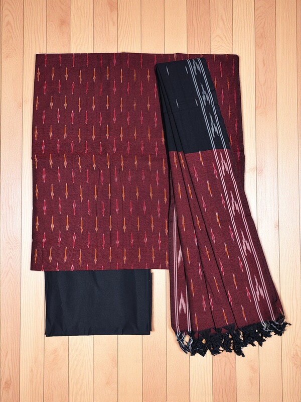 Maroon & Black Ikkat Khadi Cotton Unstitched Salwar Suit Set with Dupatta