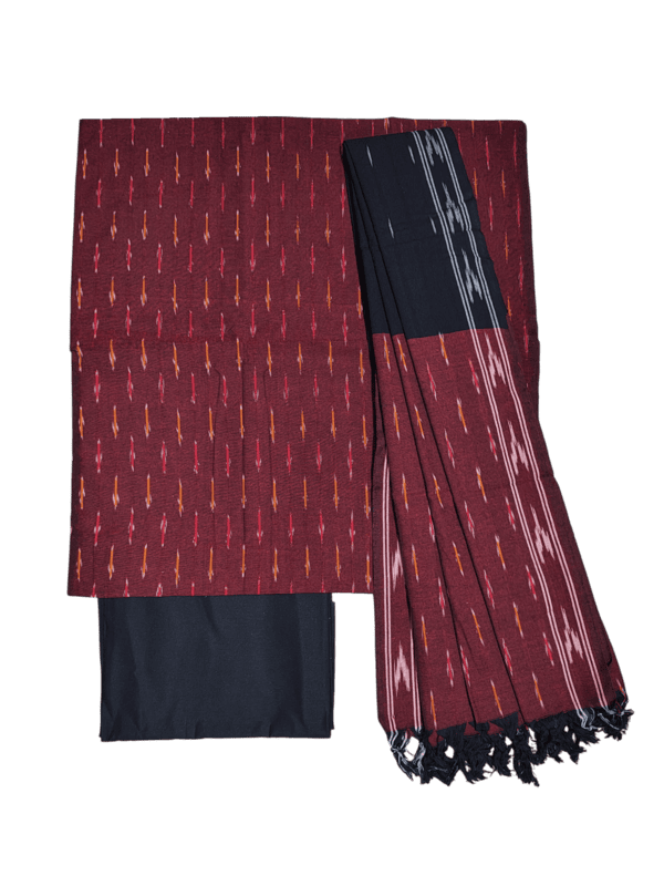 Maroon & Black Ikkat Khadi Cotton Unstitched Salwar Suit Set with Dupatta