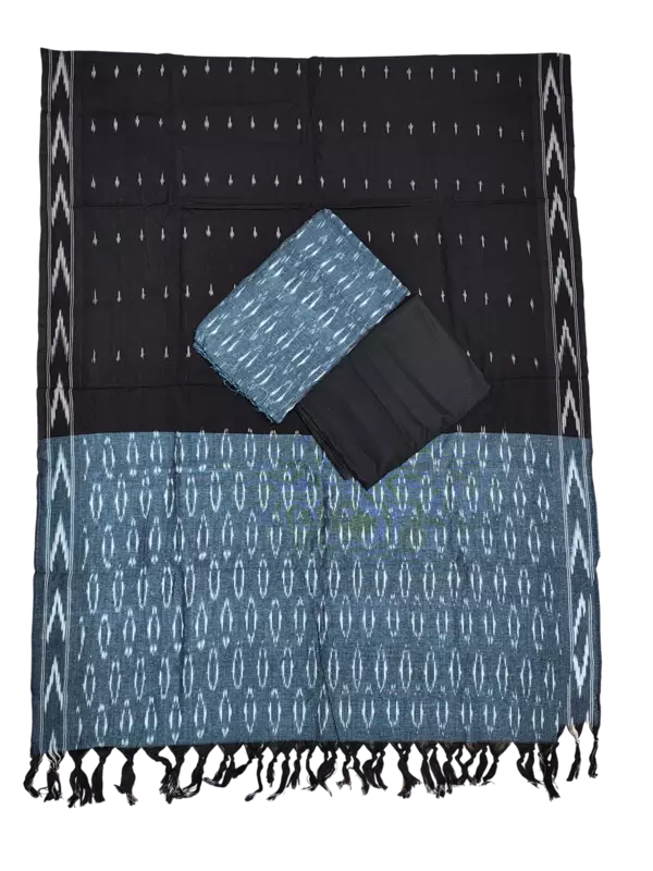 Grey & Black Pochampally Ikkat Cotton Dress Material with Dupatta