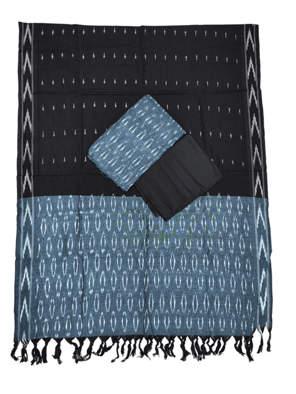 Grey & Black Pochampally Ikkat Cotton Dress Material with Dupatta