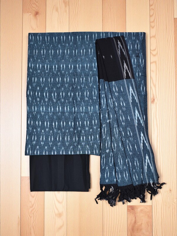Grey & Black Pochampally Ikkat Cotton Dress Material with Dupatta