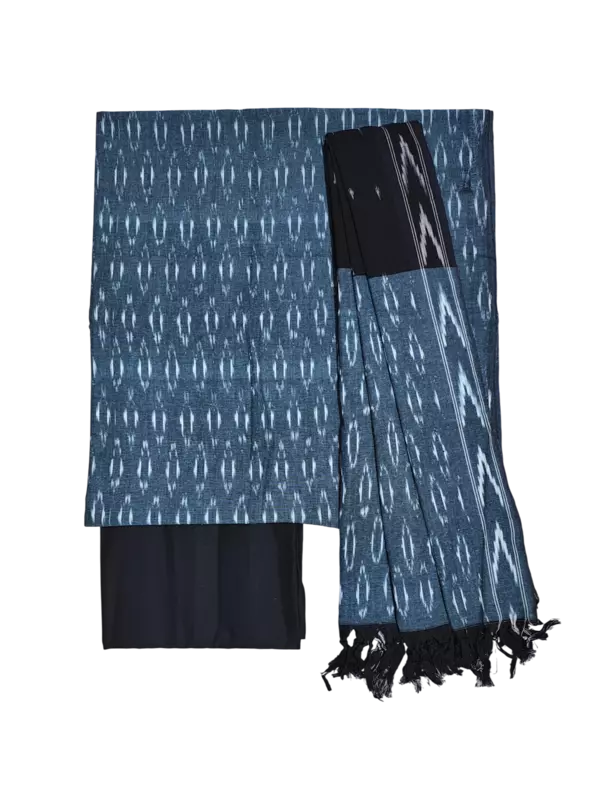 Grey & Black Pochampally Ikkat Cotton Dress Material with Dupatta