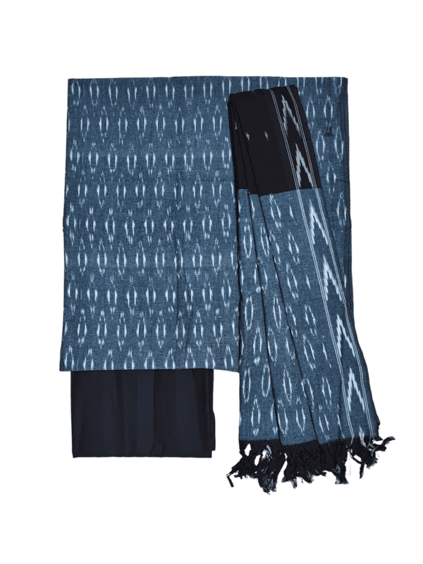 Grey & Black Pochampally Ikkat Cotton Dress Material with Dupatta