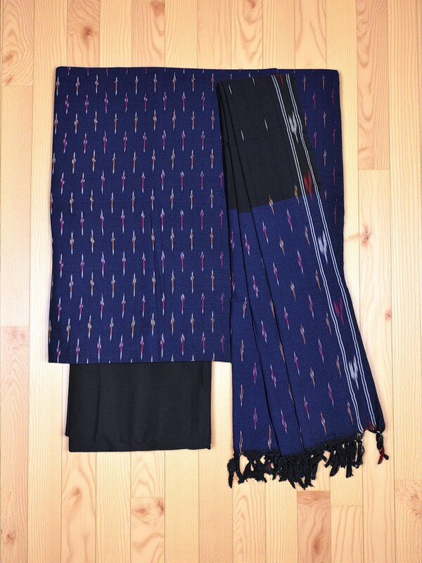 NavyBlue & Green Ikkat Cotton Unstitched Salwar Suit Dress Material with Dupatta