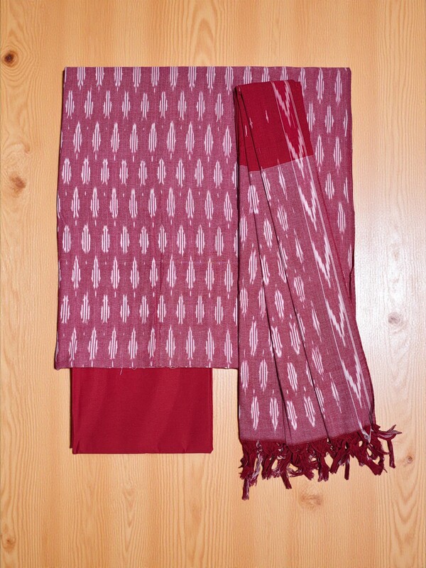 Pink Ikkat Cotton Unstitched Salwar Suit Dress Material with Dupatta