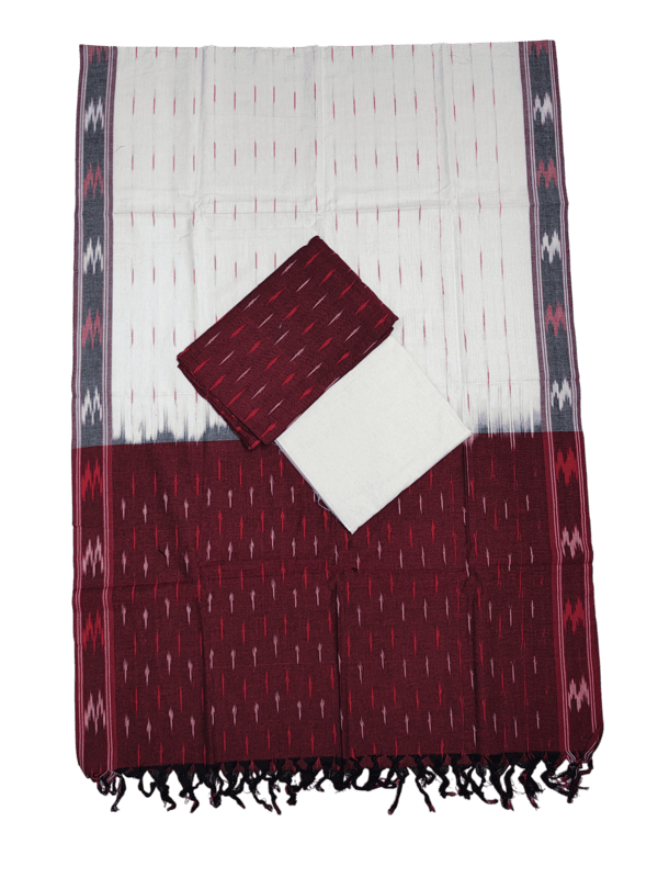 Maroon & White Ikkat Pure Cotton Unstitched Salwar Suit Set with Dupatta