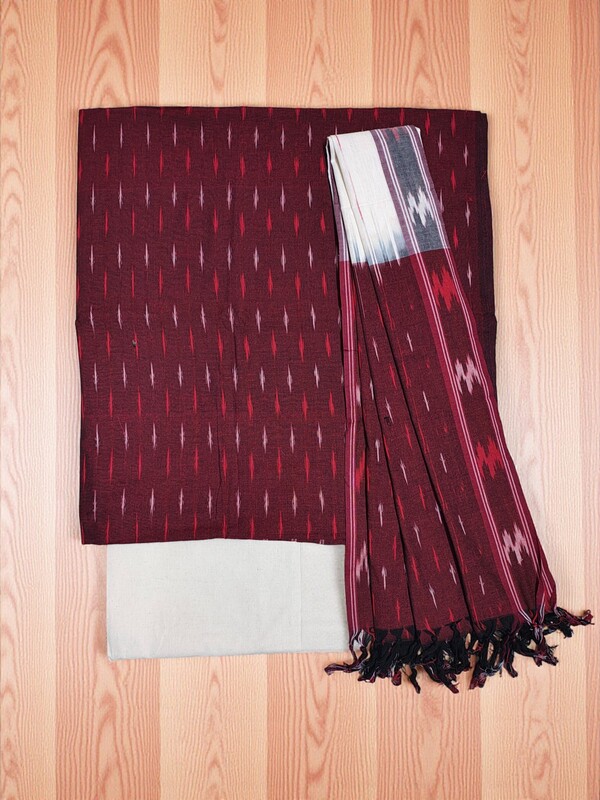 Maroon & White Ikkat Pure Cotton Unstitched Salwar Suit Set with Dupatta
