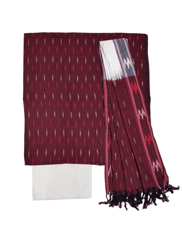 Maroon & White Ikkat Pure Cotton Unstitched Salwar Suit Set with Dupatta