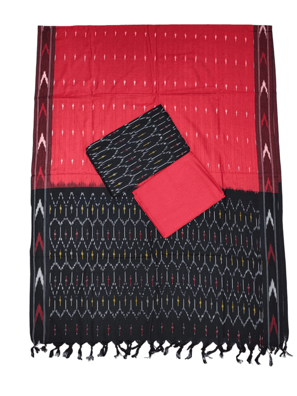 Black & Red Pochampally Ikkat Cotton Dress Material with Dupatta