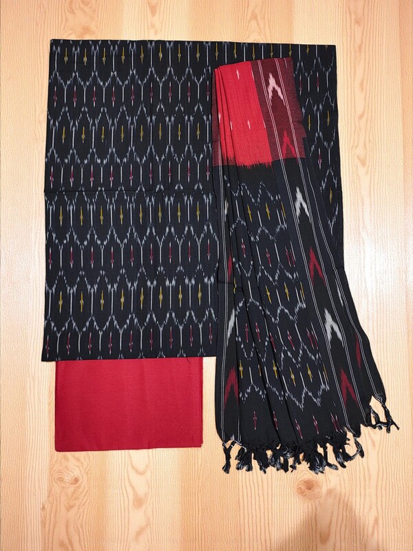 Black & Red Pochampally Ikkat Cotton Dress Material with Dupatta