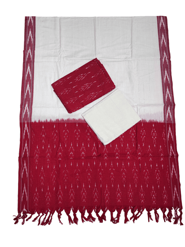 Red & Yellow Pochampally Ikkat Cotton Unstitched Salwar Suit Set with Dupatta