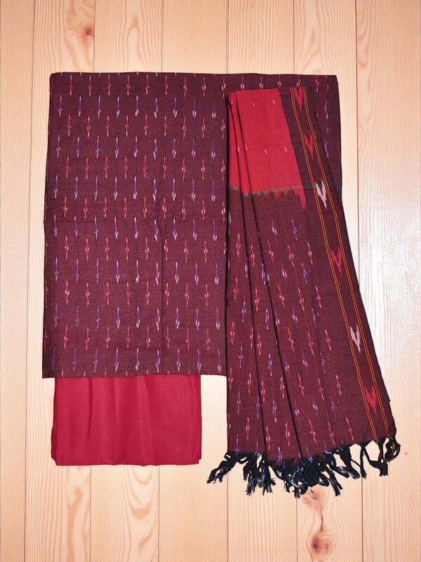 Maroon Pochampally Ikkat Unstitched Handloom Cotton Salwar kameez dress material set for Women