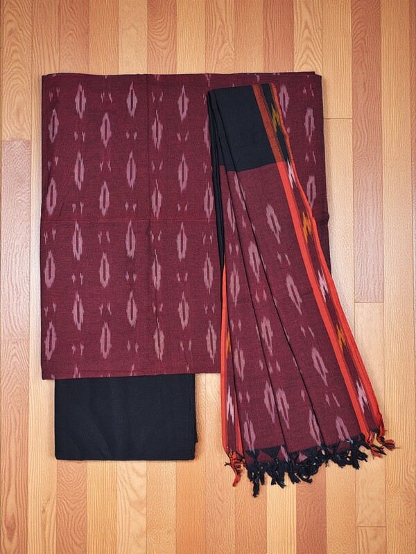 Maroon Ikkat Cotton Unstitched Salwar Suit Dress Material with Dupatta