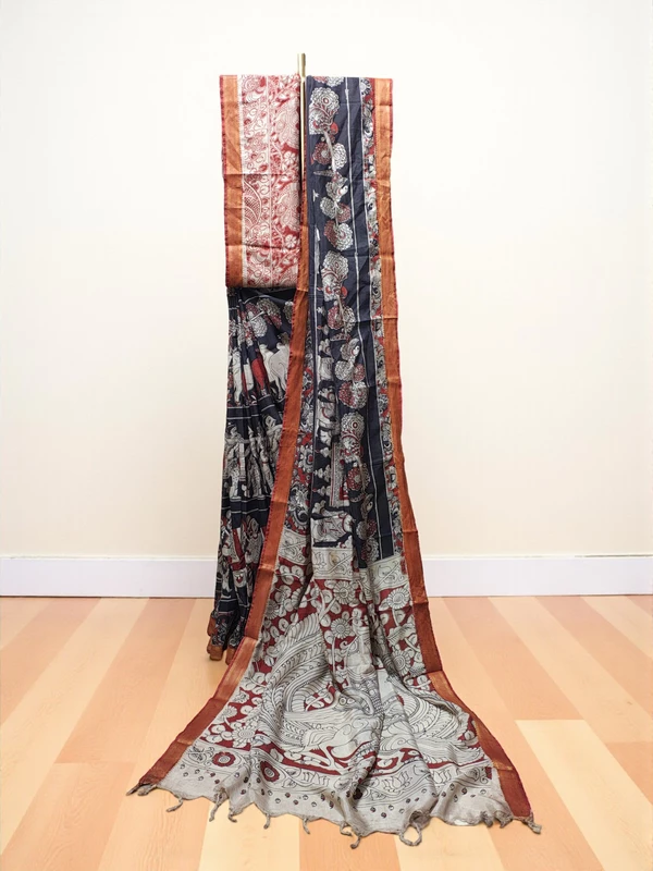 Black Kalamkari Silk Saree with Blouse Piece