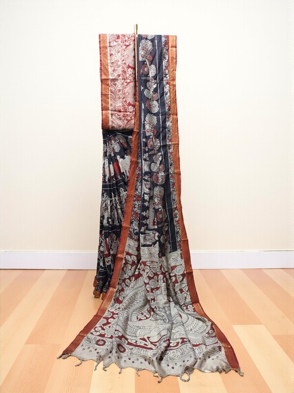Black Kalamkari Silk Saree with Blouse Piece