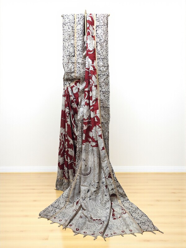 Red Kalamkari Silk Saree with Blouse Piece