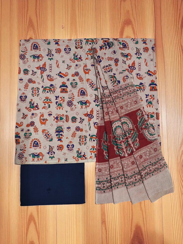 Beige & NavyBlue Pure Cotton Kalamkari Hand Block Print Unstitched Salwar Suit Set