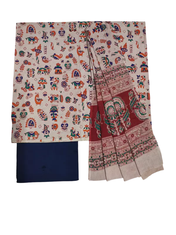Beige & NavyBlue Pure Cotton Kalamkari Hand Block Print Unstitched Salwar Suit Set
