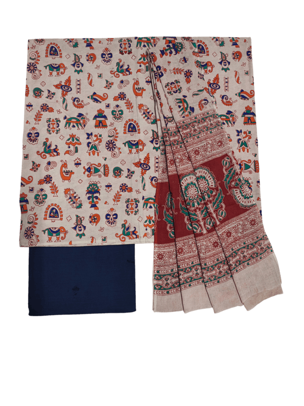 Beige & NavyBlue Pure Cotton Kalamkari Hand Block Print Unstitched Salwar Suit Set