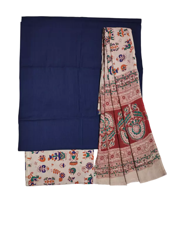Beige & NavyBlue Pure Cotton Kalamkari Hand Block Print Unstitched Salwar Suit Set