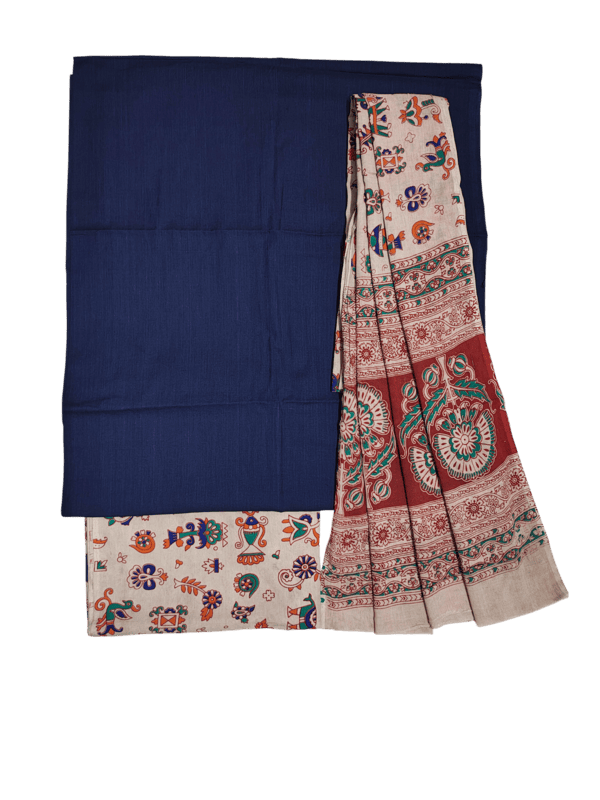 Beige & NavyBlue Pure Cotton Kalamkari Hand Block Print Unstitched Salwar Suit Set