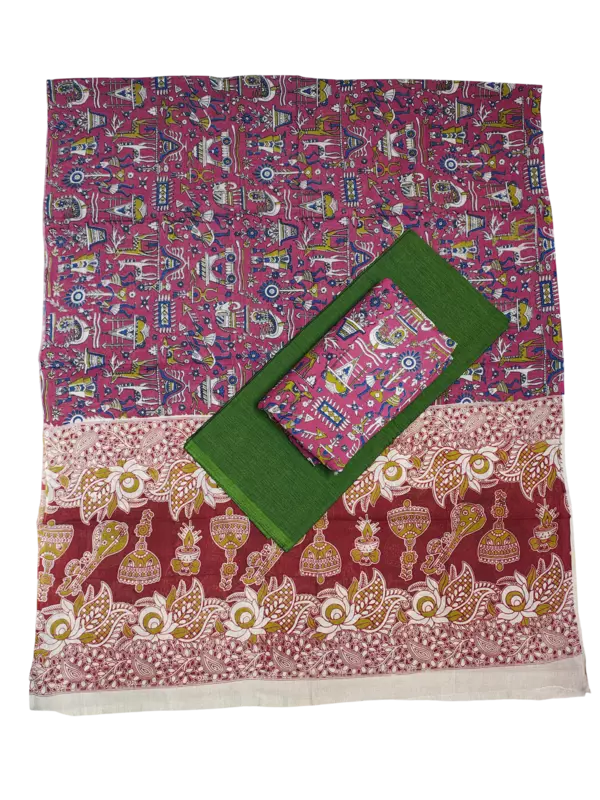 Dark Pink Pure Cotton Kalamkari Hand Block Print Dress Materials