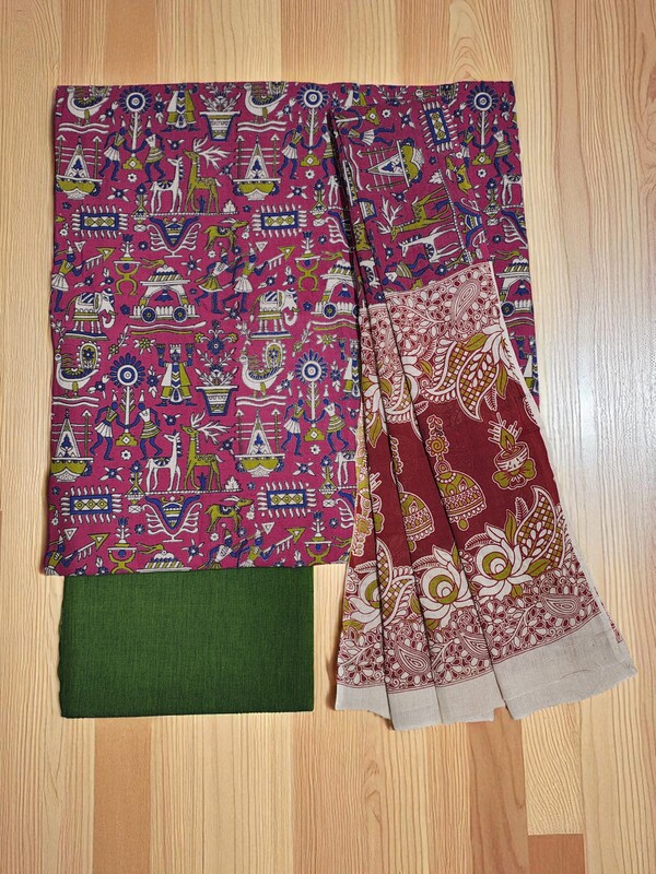 Dark Pink Pure Cotton Kalamkari Hand Block Print Dress Materials
