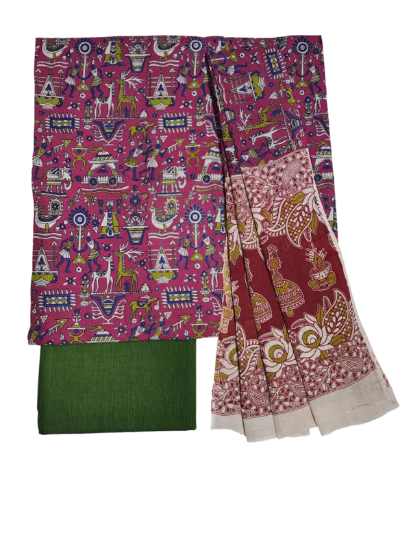 Dark Pink Pure Cotton Kalamkari Hand Block Print Dress Materials