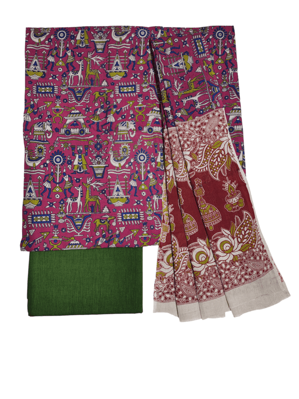 Dark Pink Pure Cotton Kalamkari Hand Block Print Dress Materials