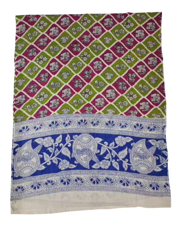 Green Pure Cotton Kalamkari Hand Block Print Unstitched Suit Set