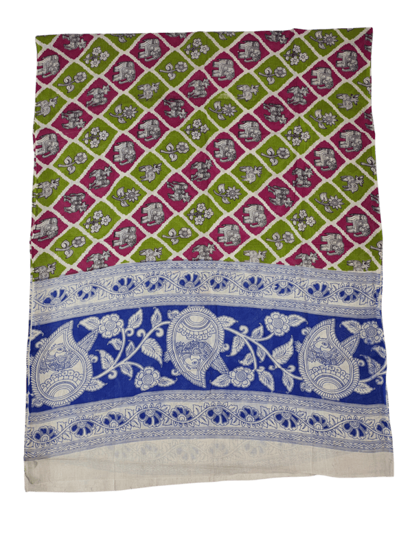 Green Pure Cotton Kalamkari Hand Block Print Unstitched Suit Set