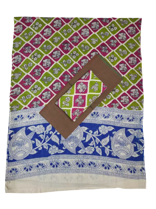 Green Pure Cotton Kalamkari Hand Block Print Unstitched Suit Set