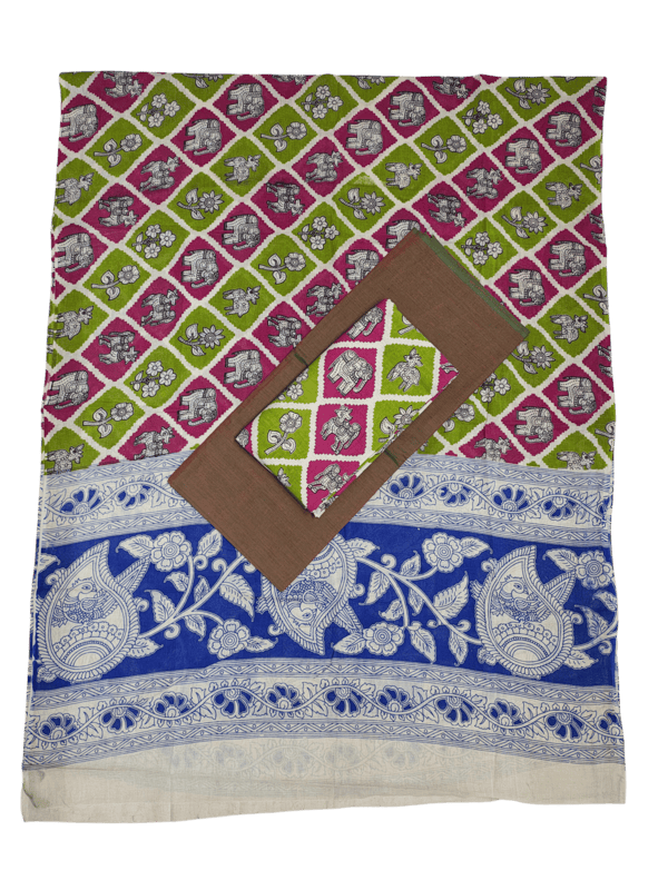 Green Pure Cotton Kalamkari Hand Block Print Unstitched Suit Set