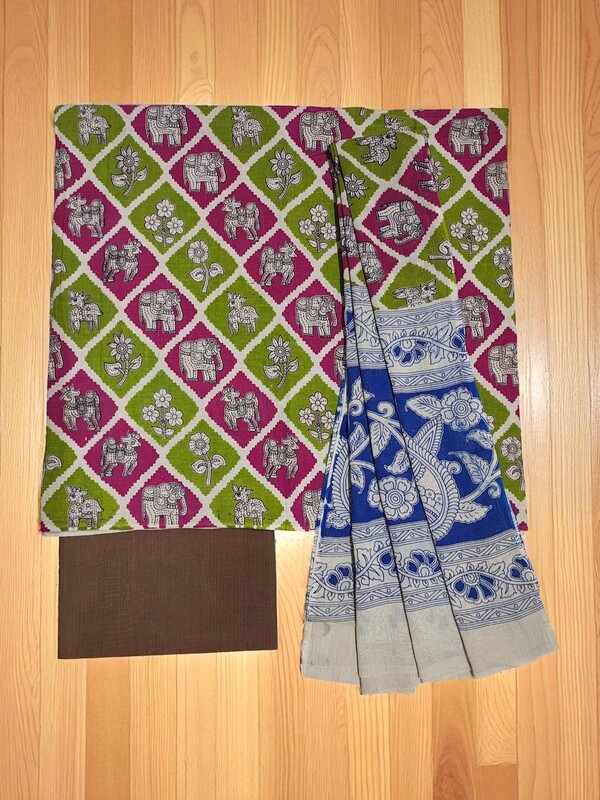 Green Pure Cotton Kalamkari Hand Block Print Unstitched Suit Set