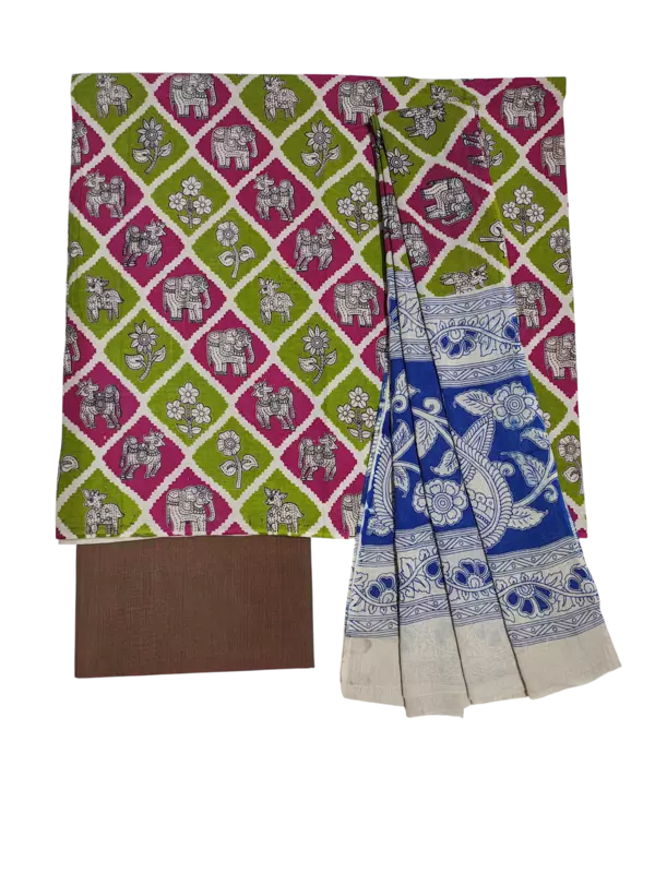 Green Pure Cotton Kalamkari Hand Block Print Unstitched Suit Set