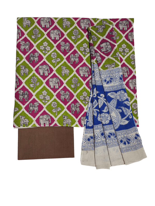 Green Pure Cotton Kalamkari Hand Block Print Unstitched Suit Set