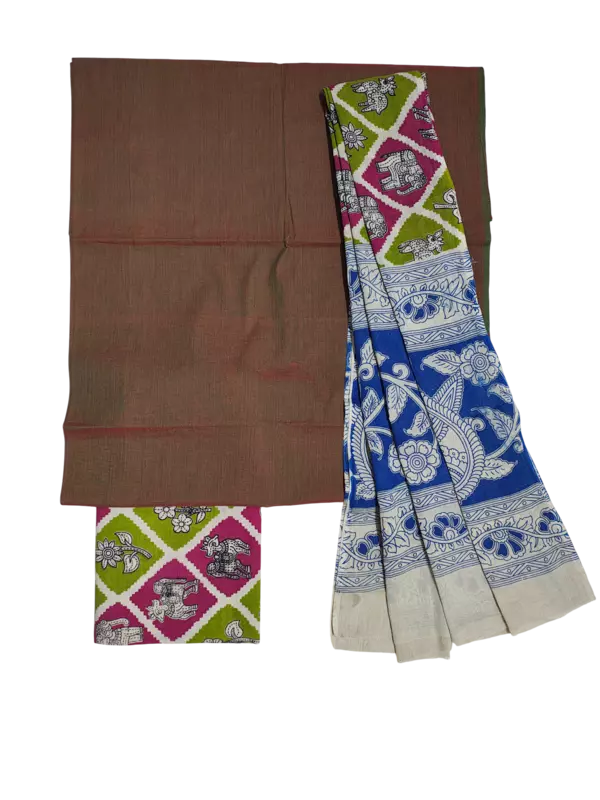 Green Pure Cotton Kalamkari Hand Block Print Unstitched Suit Set