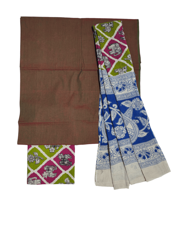 Green Pure Cotton Kalamkari Hand Block Print Unstitched Suit Set
