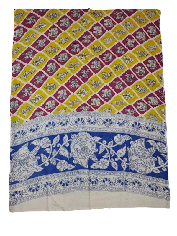 Yellow Pure Cotton Kalamkari Hand Block Print Unstitched Salwar Suit Set