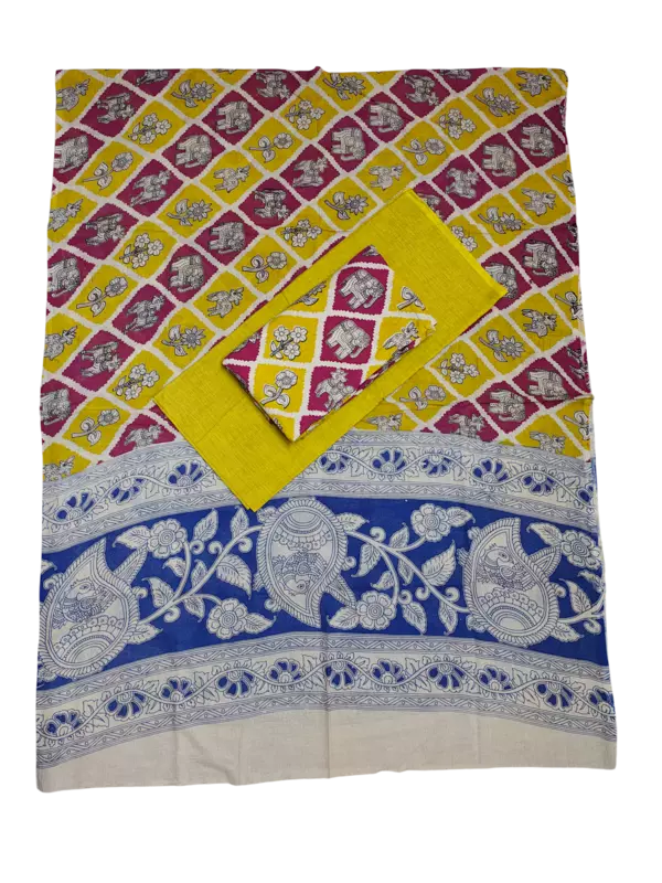 Yellow Pure Cotton Kalamkari Hand Block Print Unstitched Salwar Suit Set