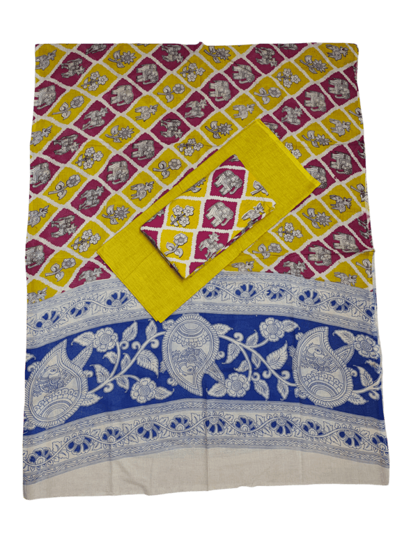 Yellow Pure Cotton Kalamkari Hand Block Print Unstitched Salwar Suit Set
