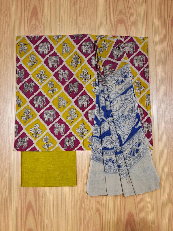 Yellow Pure Cotton Kalamkari Hand Block Print Unstitched Salwar Suit Set