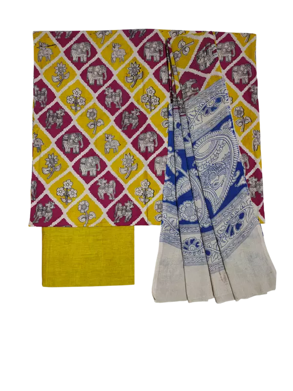 Yellow Pure Cotton Kalamkari Hand Block Print Unstitched Salwar Suit Set