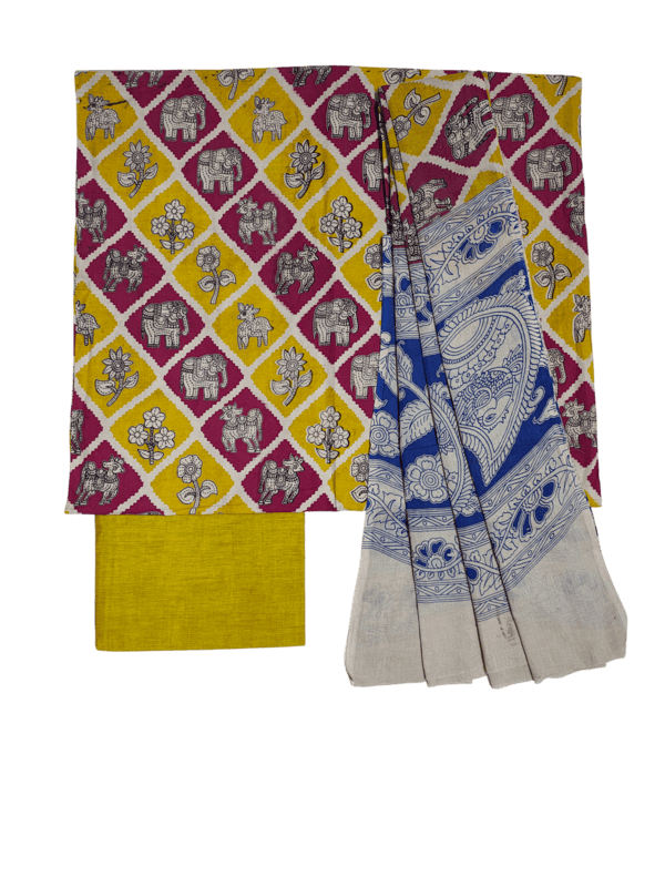 Yellow Pure Cotton Kalamkari Hand Block Print Unstitched Salwar Suit Set
