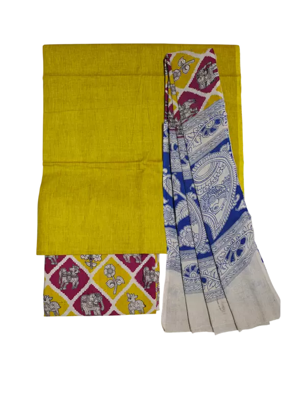Yellow Pure Cotton Kalamkari Hand Block Print Unstitched Salwar Suit Set
