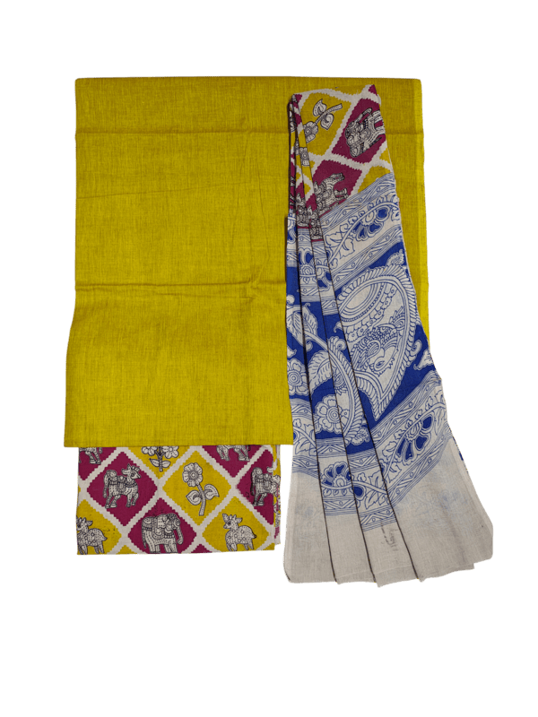 Yellow Pure Cotton Kalamkari Hand Block Print Unstitched Salwar Suit Set