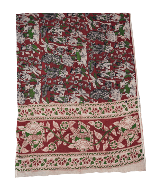 Green & Red Pure Cotton Kalamkari Hand Block Print Dress Materials