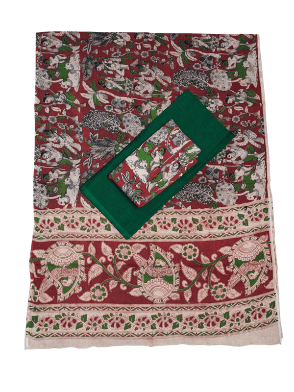 Green & Red Pure Cotton Kalamkari Hand Block Print Dress Materials