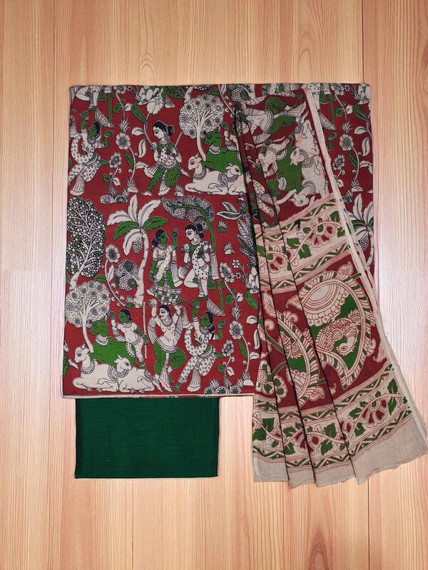 Green & Red Pure Cotton Kalamkari Hand Block Print Dress Materials